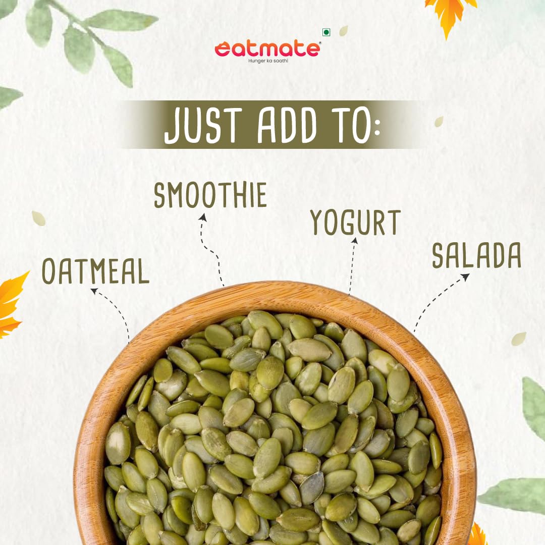 Eatmate Pumpkin Seeds 250g - AAA Grade Seeds for Eating Rich in Protein, Dietary Fibre, Magnesium & Phosphorus, Raw & Unroasted Kaddu Beej, Source of Iron & Zinc, Handpicked Seeds, Resealable Pack 1