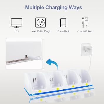 4 in 1 Wii Remote Charger,Charging Station with 4 Pack 2800mAh Rechargeable Battery,Plugs,USB Cable for Wii/Wii U Remote Controller (White)