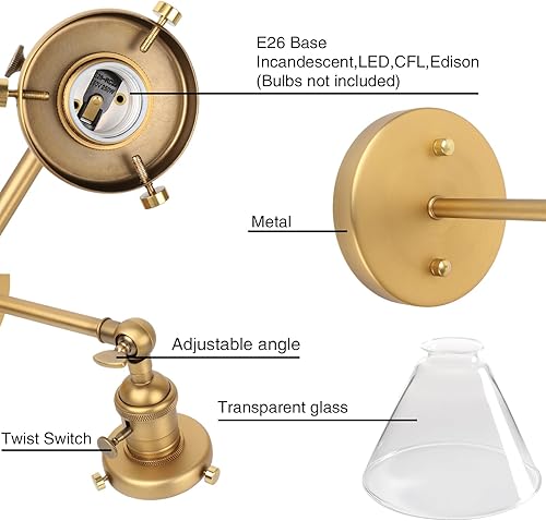 Miniatura 4 de 1 lámpara de pared vintage nostálgica con embudo de vidrio acampanado, pantalla de vidrio transparente, bombilla de filamento Edison incluida,