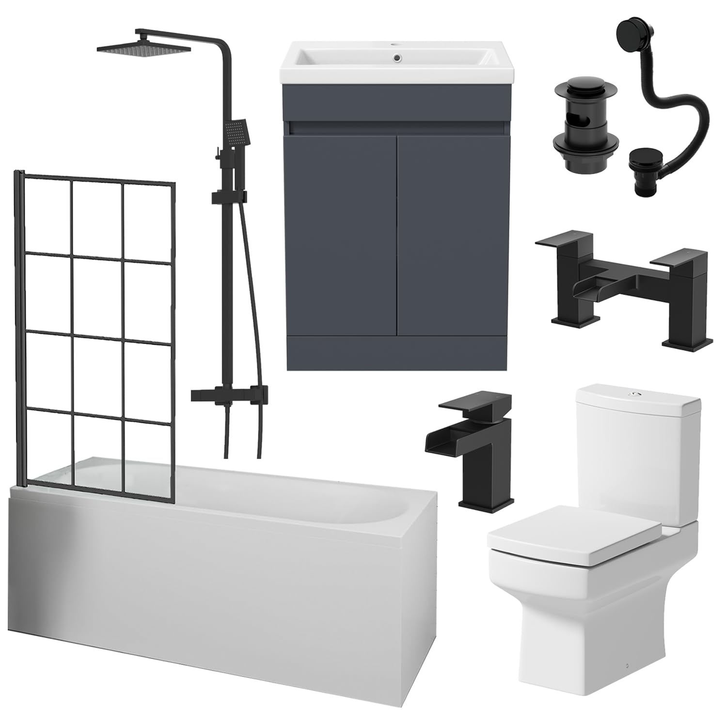 Baystone Complete Bathroom Suite 1700mm Single Ended Curved Bath Black Grid Screen Basin Grey Vanity Unit Close Coupled Toilet WC Thermostatic Mixer Shower Taps Waste