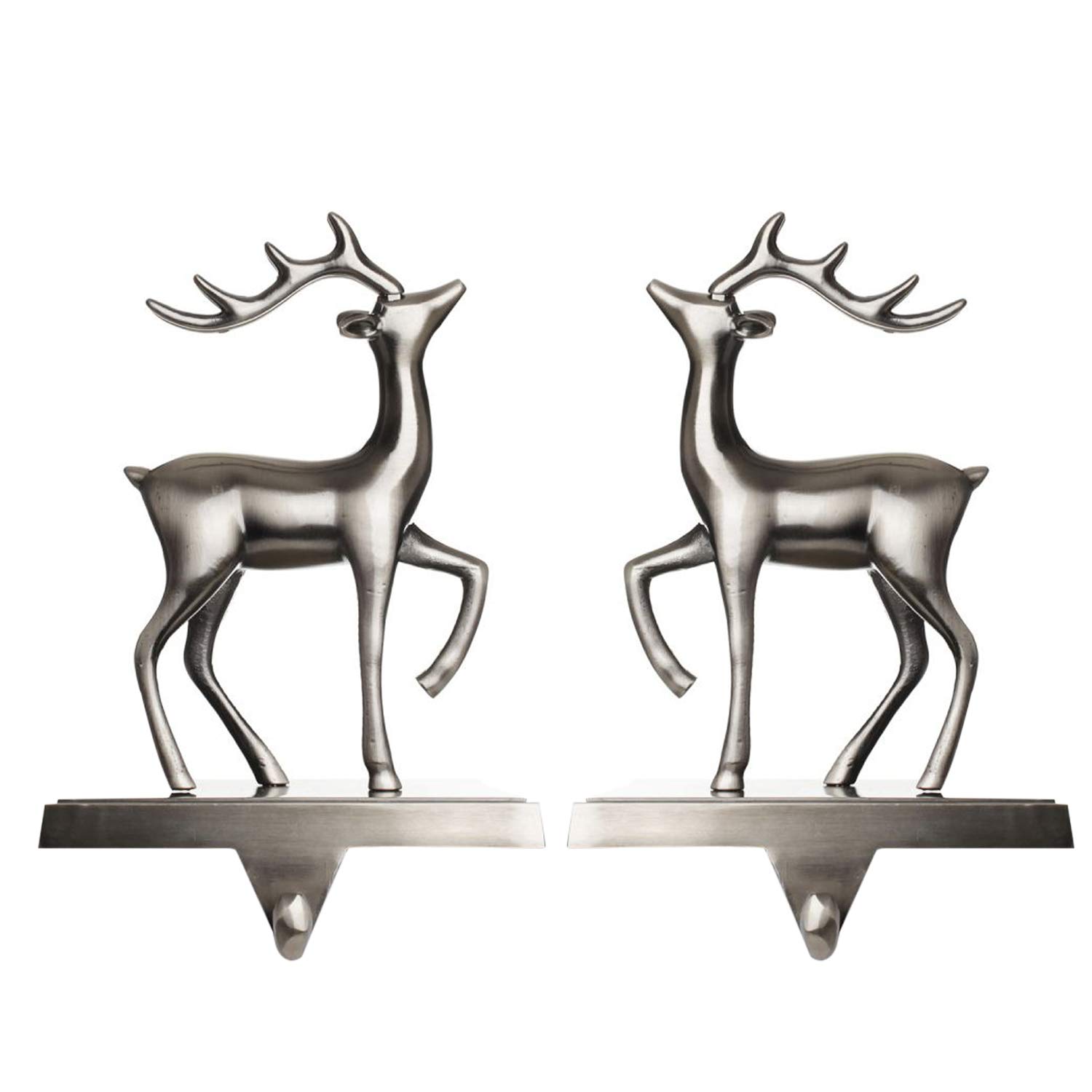 Klikel Stocking Holder Set of 2 - Christmas Reindeer Stocking Hanger for Mantel - Shiny Silver Metal Deer Christmas Stocking Holder for Fireplace Mantle - Heavy Stocking Holder for Mantle with Hook