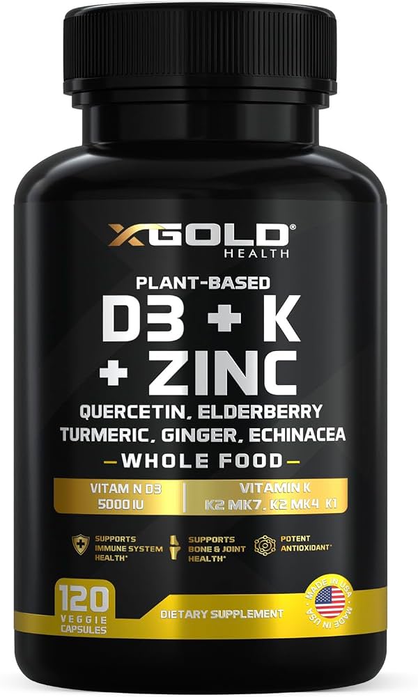 X Gold Health Vitamina D3 K2 K1 Zinc Quercetina Saúco Cúrcuma Jengibre | Equinácea de Base Vegetal 8-en-1 Alimento Integral con D3 5000 UI de Liquen + K2 MK7, MK4 y K1 para Bienestar Diario - 120 Cápsulas
