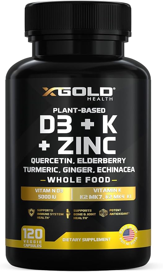Vitamin D, K2, K1, Zinc, Quercetin, Elderberry, Turmeric, Ginger & Echinacea Whole Food Supplement 8 in 1- D3 5000 IU Plant-Based from Lichen, Vitamin K (K2 MK7, MK4, K1), D3 K2 Vitamins -120 Capsules
