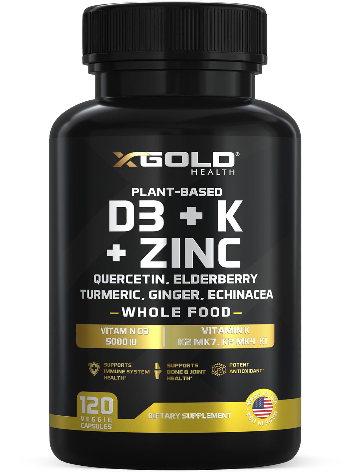 Vitamin D K2 K1 Zinc Quercetin Elderberry Turmeric Ginger Echinacea Whole Food Supplement 8 in 1- D3 5000