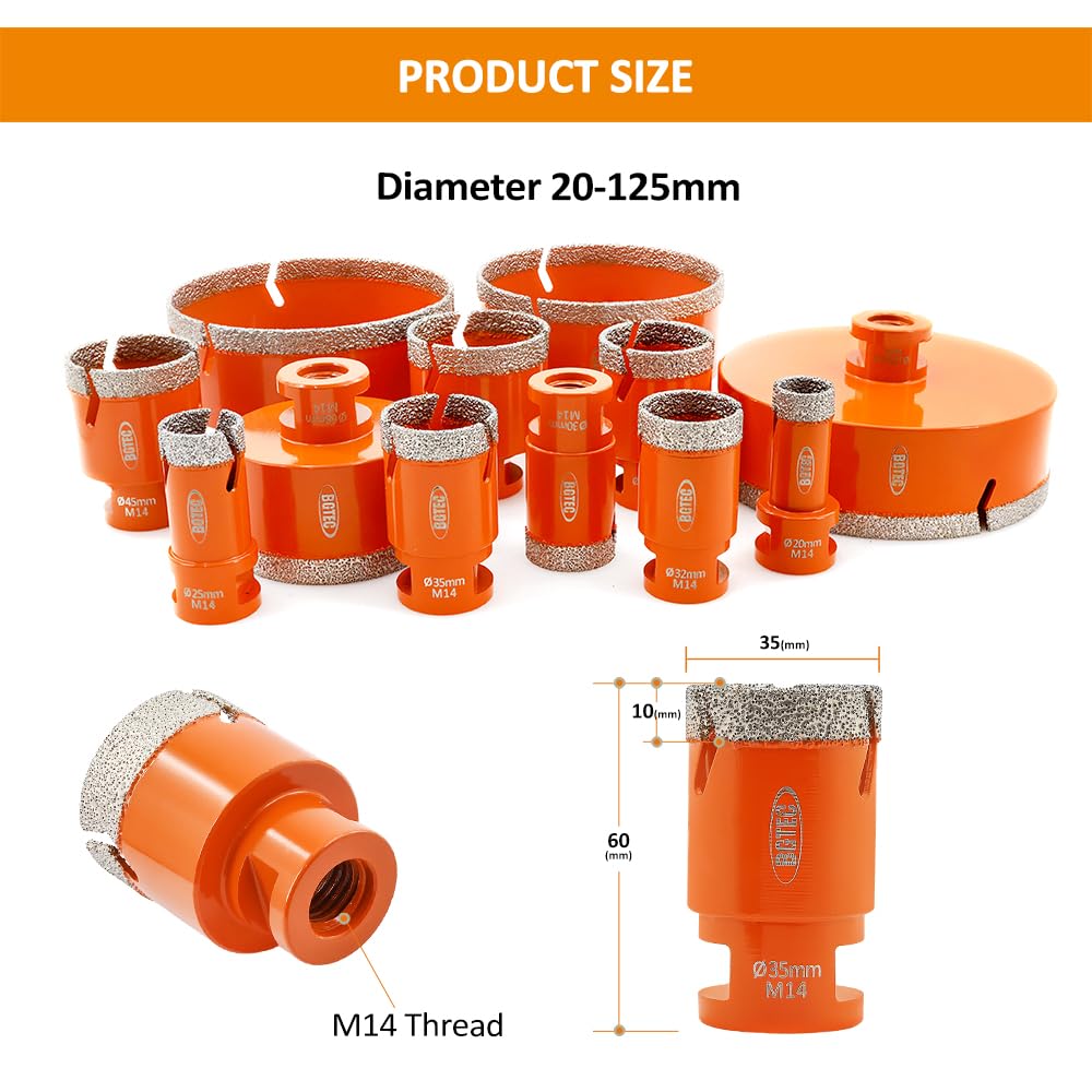 BGTEC Diamentowe wiertło do płytek 110 mm – wiertło suche, wiertło diamentowe, wiertło do płytek, porcelany, ceramiki, marmuru, granitu, wiercenia, do szlifierek kątowych M14
