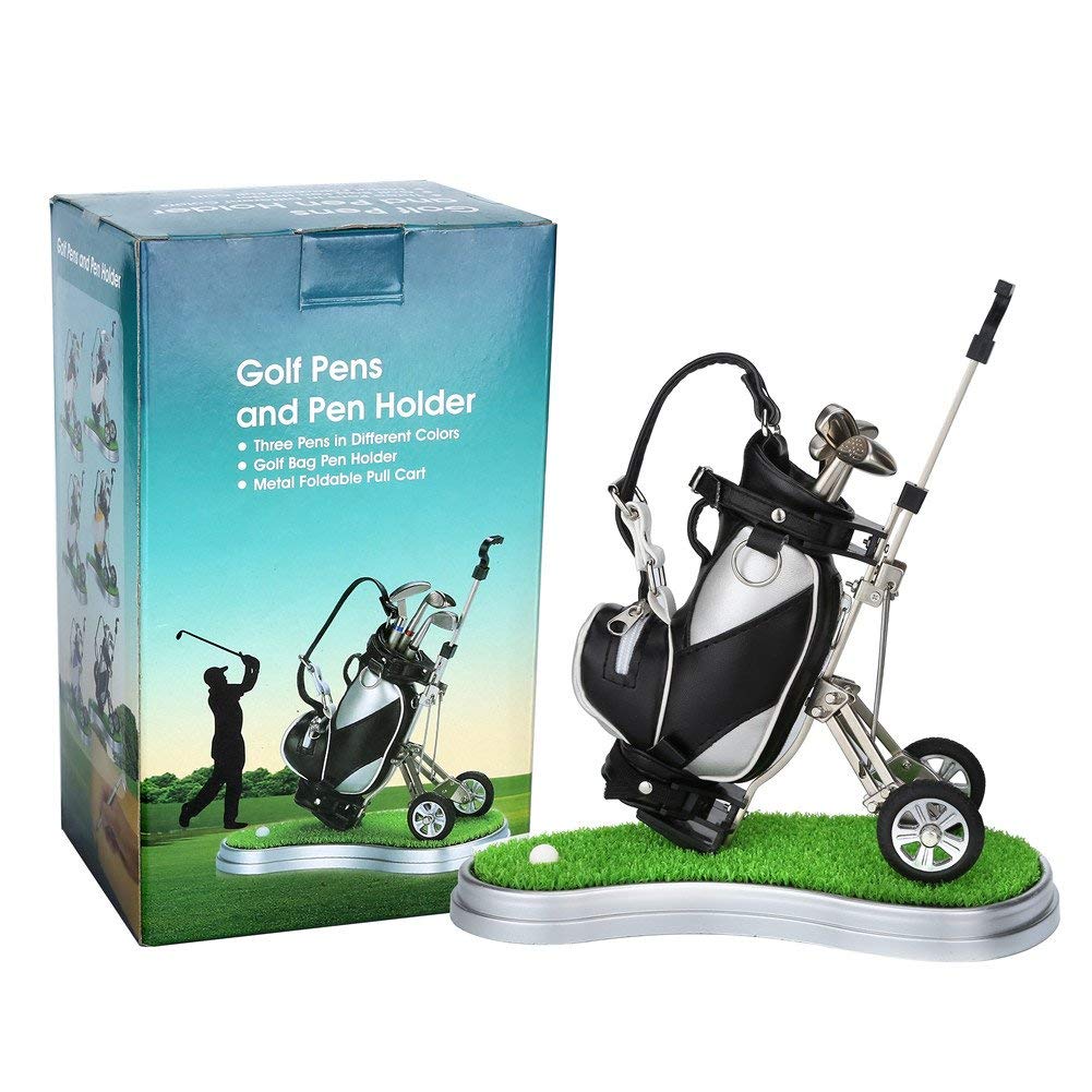 10L0L Golf Pen Holder, Golf Bag Pen Holder Golfs Club Ballpoint Pen, Office Desk Decoration, Business Souvenir Golfer Birthday Gifts for Men Women - Silver Black