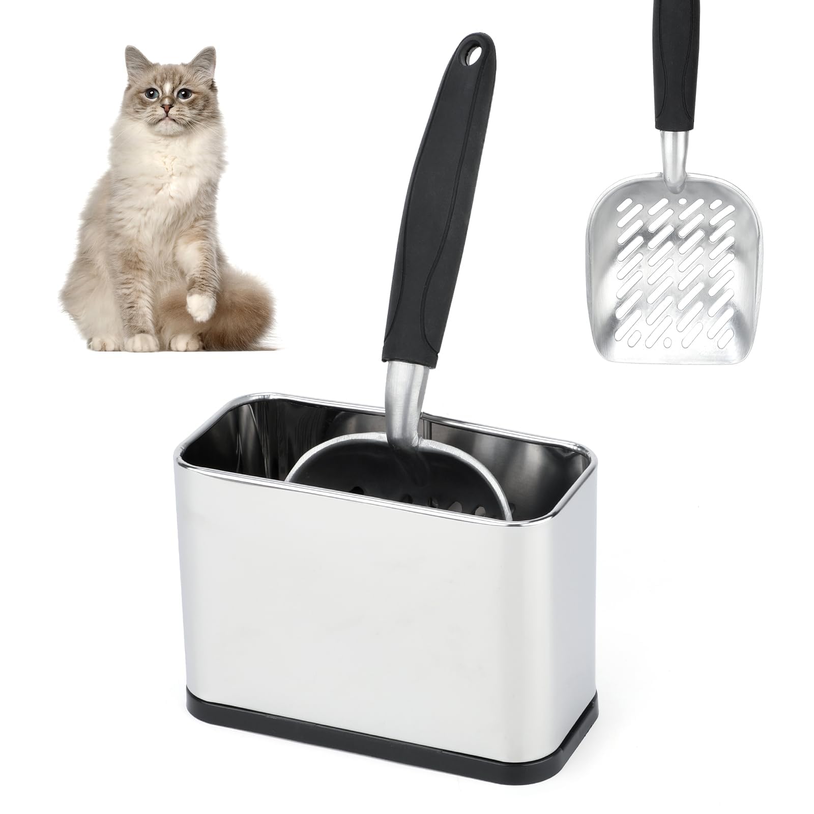 Metal Cat Litter Scoop with Holder, Aluminium Scoop & Stainless Steel Caddy
