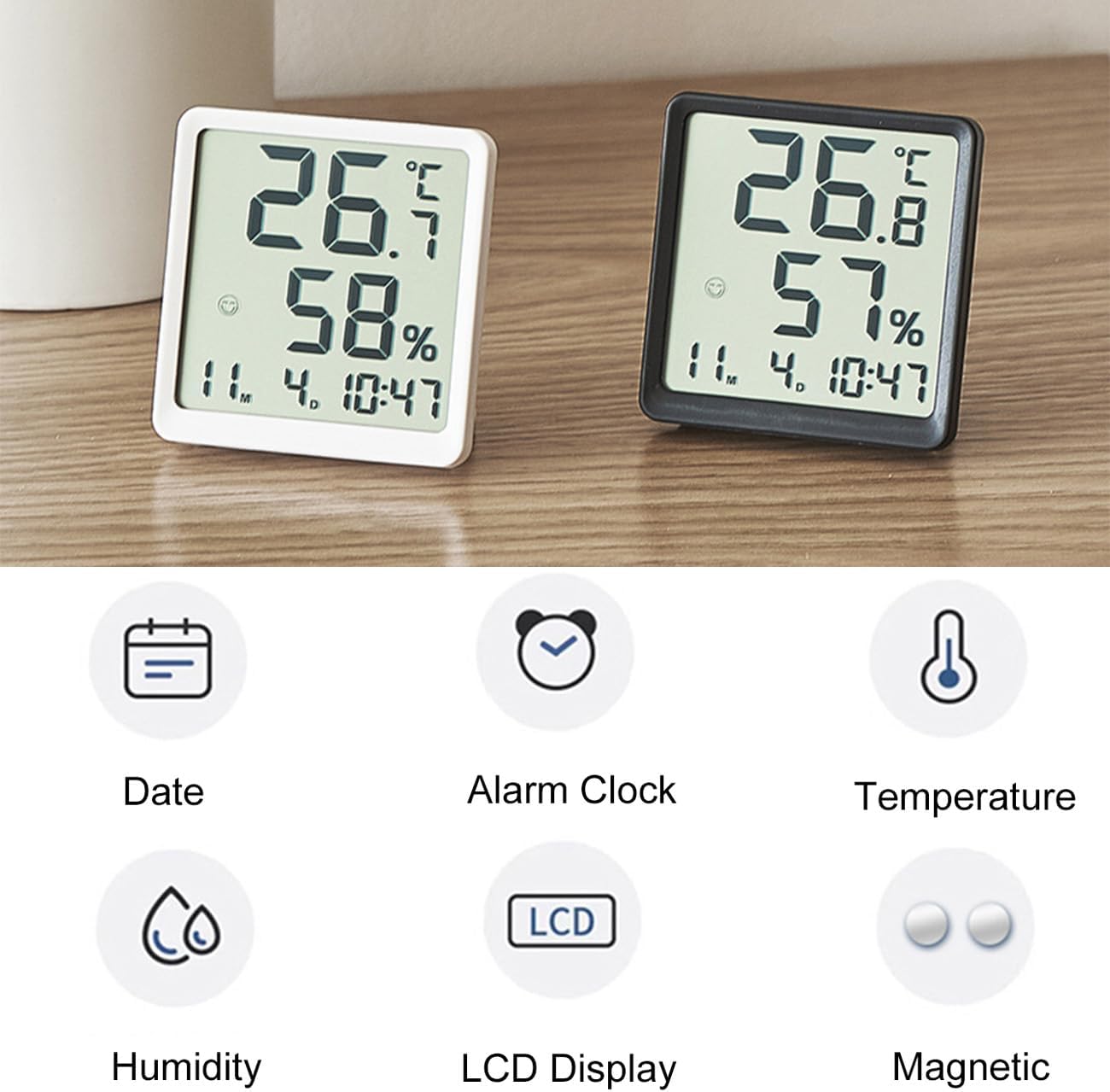 Icons representing features: Date, Alarm Clock, Temperature, Humidity, LCD Display, Magnetic