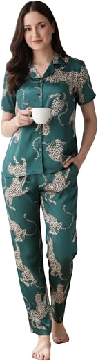 SILKSUTRA Women's Satin Pajama Set, Green with Leopard Print, Short Sleeve Shirt and Pants, Nightwear Sleepwear