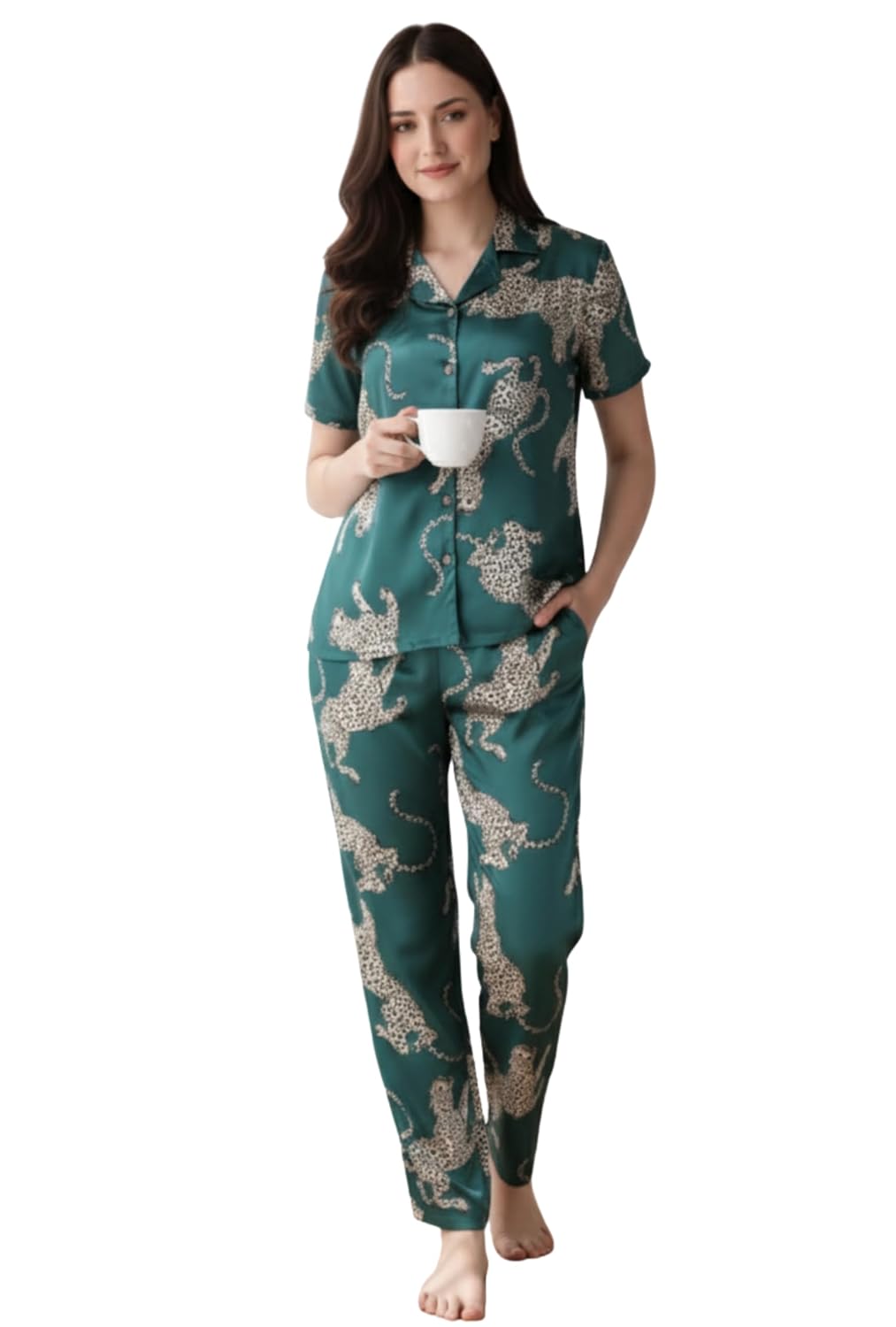 SILKSUTRA Women's Satin Pajama Set, Green with Leopard Print, Short Sleeve Shirt and Pants, Nightwear Sleepwear - Review, Price and Buying Guide