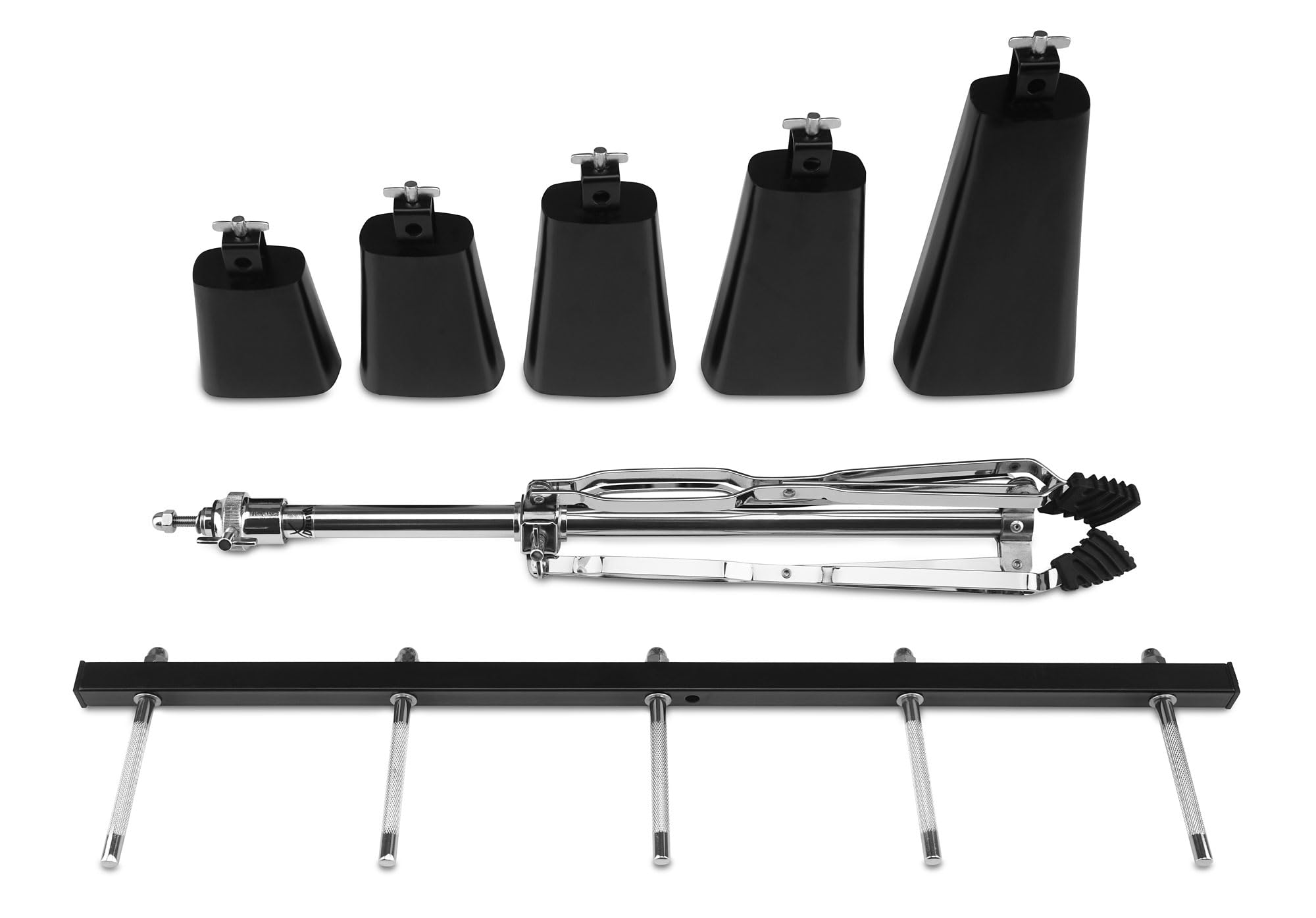 XDrum Cowbell Set, 5 Kuhglocken inkl. Ständer (Percussion, Kuhglockenset, 4",5",6",7",9", robuster, höhenverstellbarer Ständer, doppelstrebige Hardware, ausgezeichneter, harmonischer Klang)