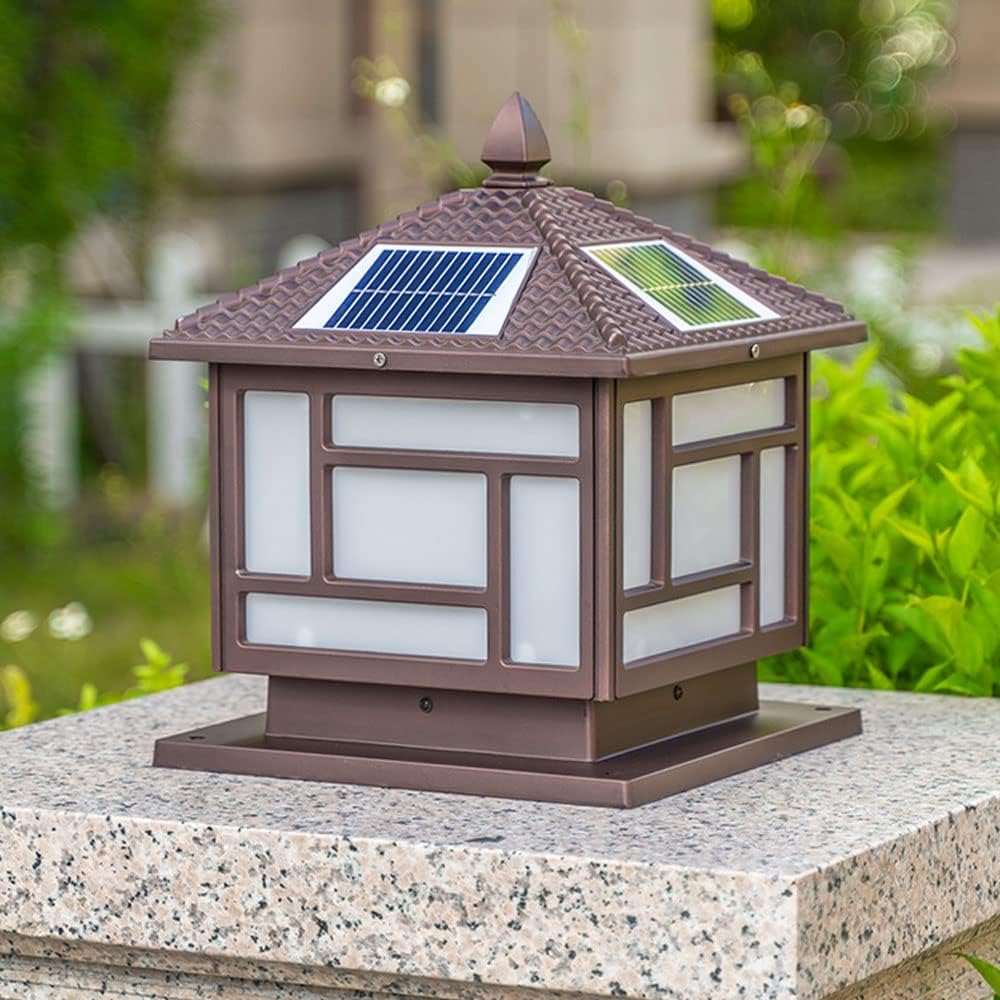 Outdoor Solar Post Lantern Lamp Light,European Style Garden Aluminum Housing Column Lamp,LED Waterproof Warm White Gate Bollard Pillar Light,Exterior Pedestal Stigma Lantern,for Wood Fence,Deck
