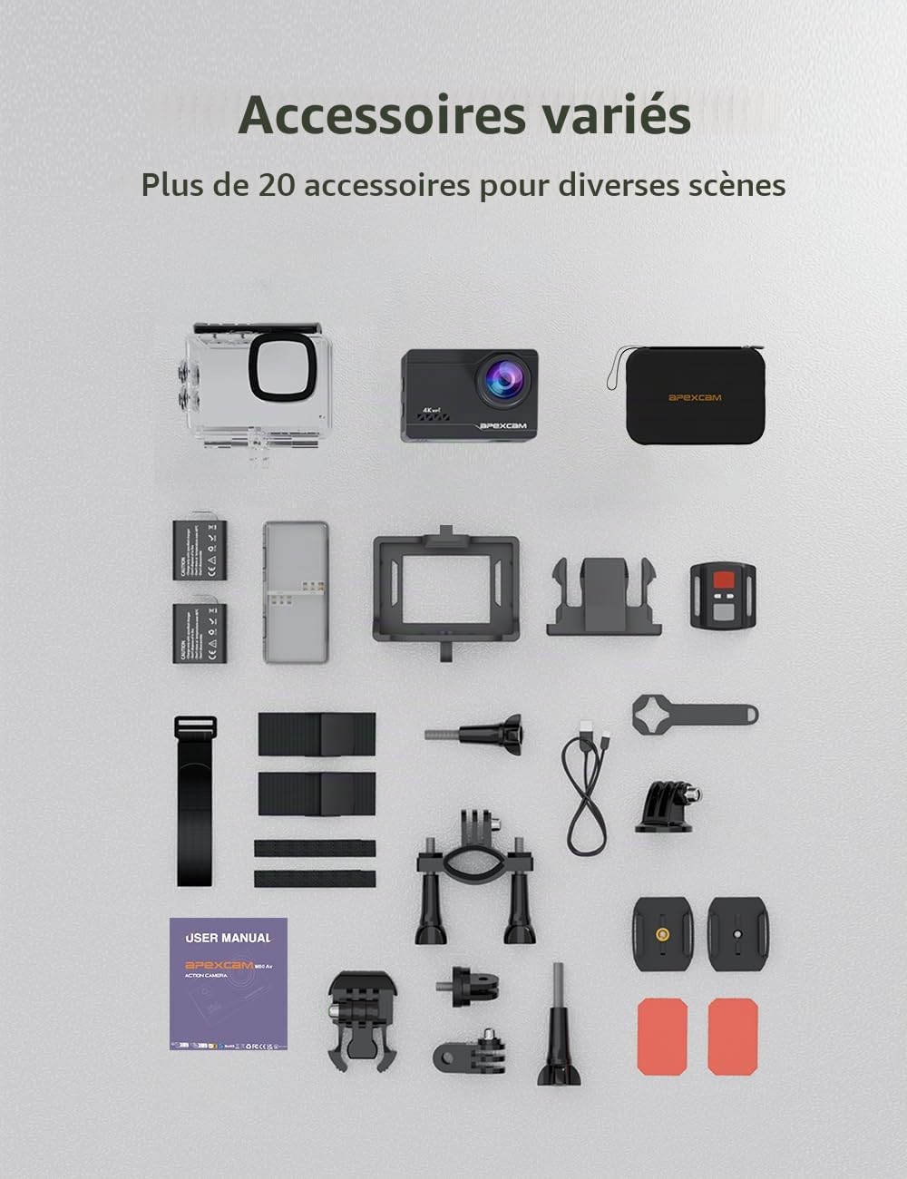 Apexcam Caméra Sport 4k 60fps Camera Sportive de 64MP Caméra sous-Marine 40M, Plusieurs Modes de Prise de Vue avec Télécommande, 2 * 1350MhA Batteries Rechargeables et Sac d'accessoires