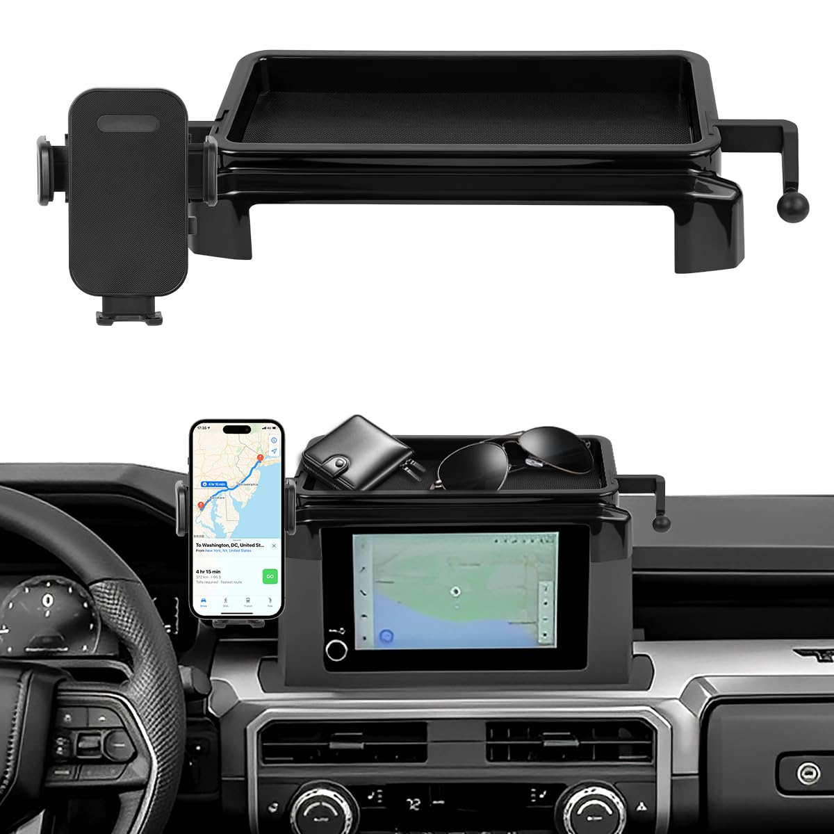 Car Phone Holder Compatible with Toyota Tacoma 2024 2025 Accessories 8-Inch Screen Fixed Clip, Cell Phone Mount with Dash Organizer Center Console Tray Hands-Free 360° Rotation