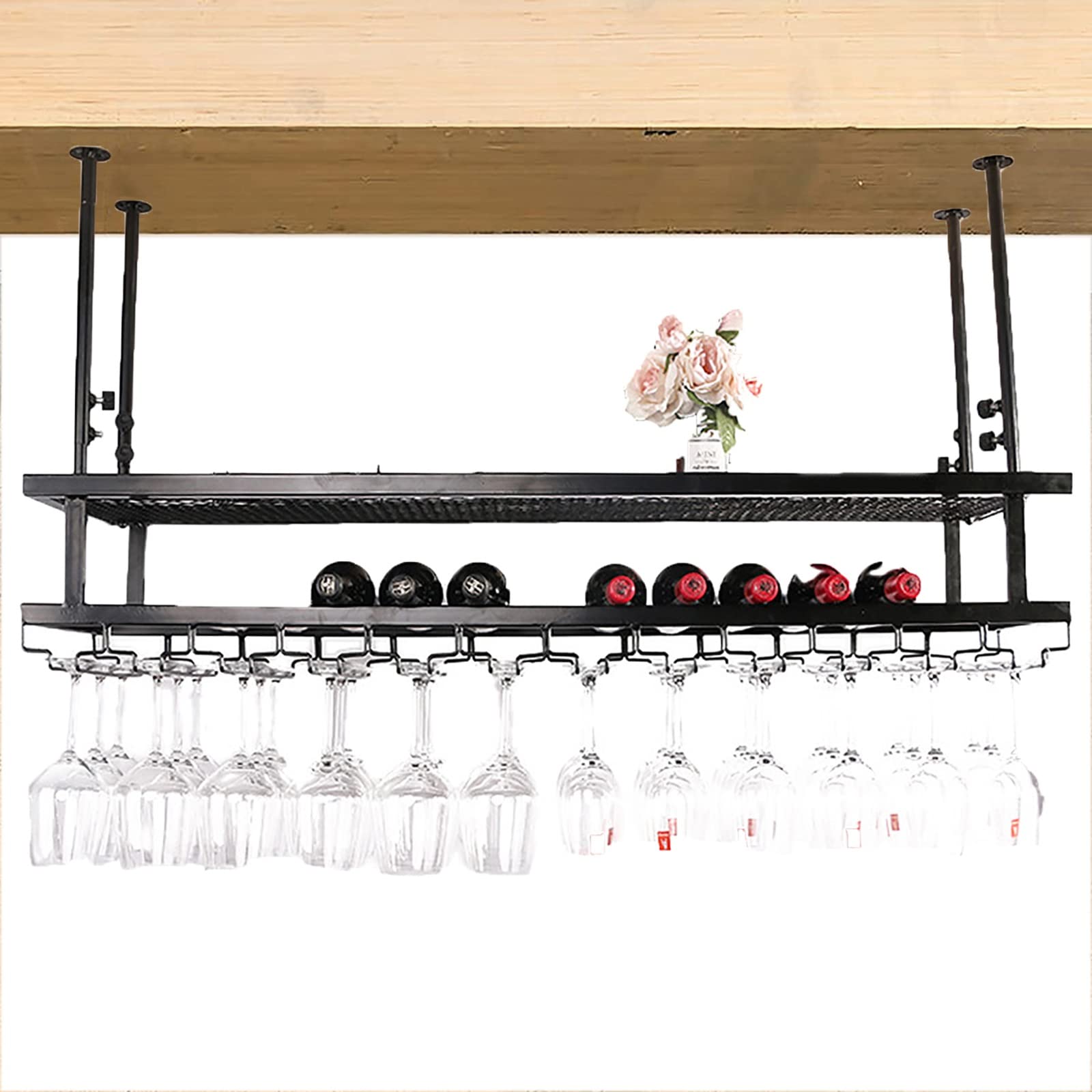 Portabottiglie da soffitto regolabile a 2 strati, stile vintage, da appendere, per bar, ristoranti, cucine, calici (60 cm)