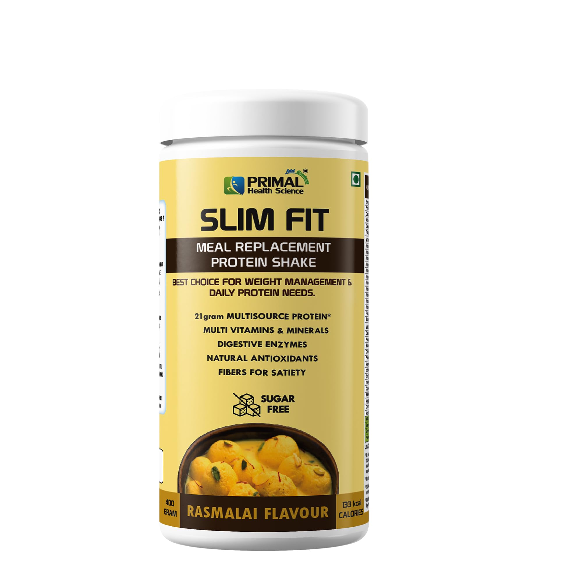 Slim Shake Protein Powder - Meal Replacement Shake For Weight Control & Management | Sugar Free | Fiber | Digestive Enzymes | Vitamins & Minerals (RASMALAI, 400 g (Pack of 1))