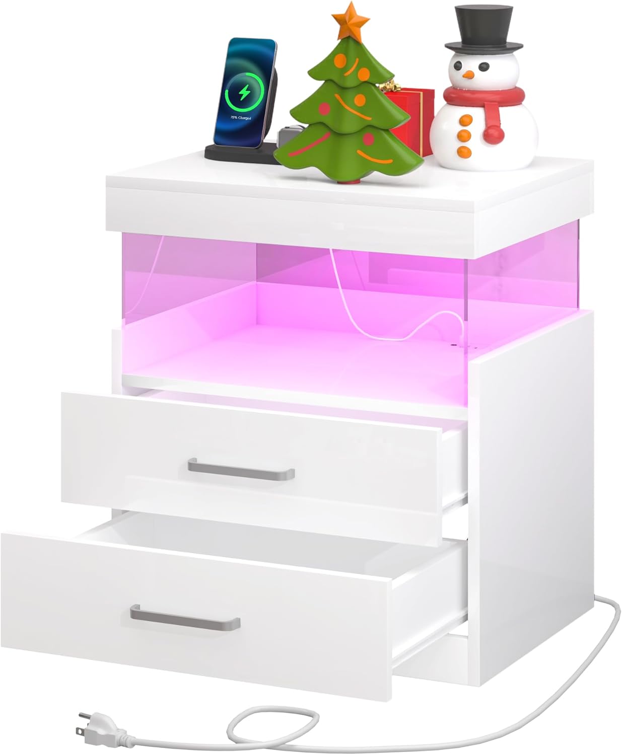 WelFurGeer High Glossy Night Stand, White LED Night Stand with Charger Station, Bedside Table with Drawers, Modern Nightstands, Wood Small Nightstand, Nightstands with Drawers for Bedroom