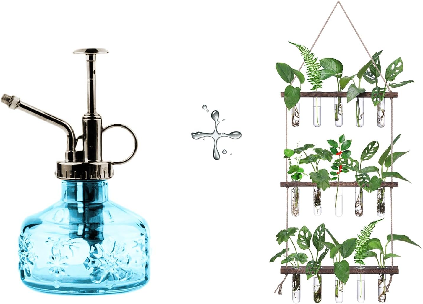 XXXFLOWER Wall Hanging Propagation Station with Wooden Stand 5 Glass Test Tubes+Glass Plant Mister Spray Bottle