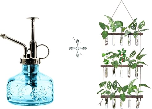 FLOWER Wall Hanging Propagation Station with Wooden Stand 5 Glass Test Tubes+Glass Plant Mister Spray Bottle