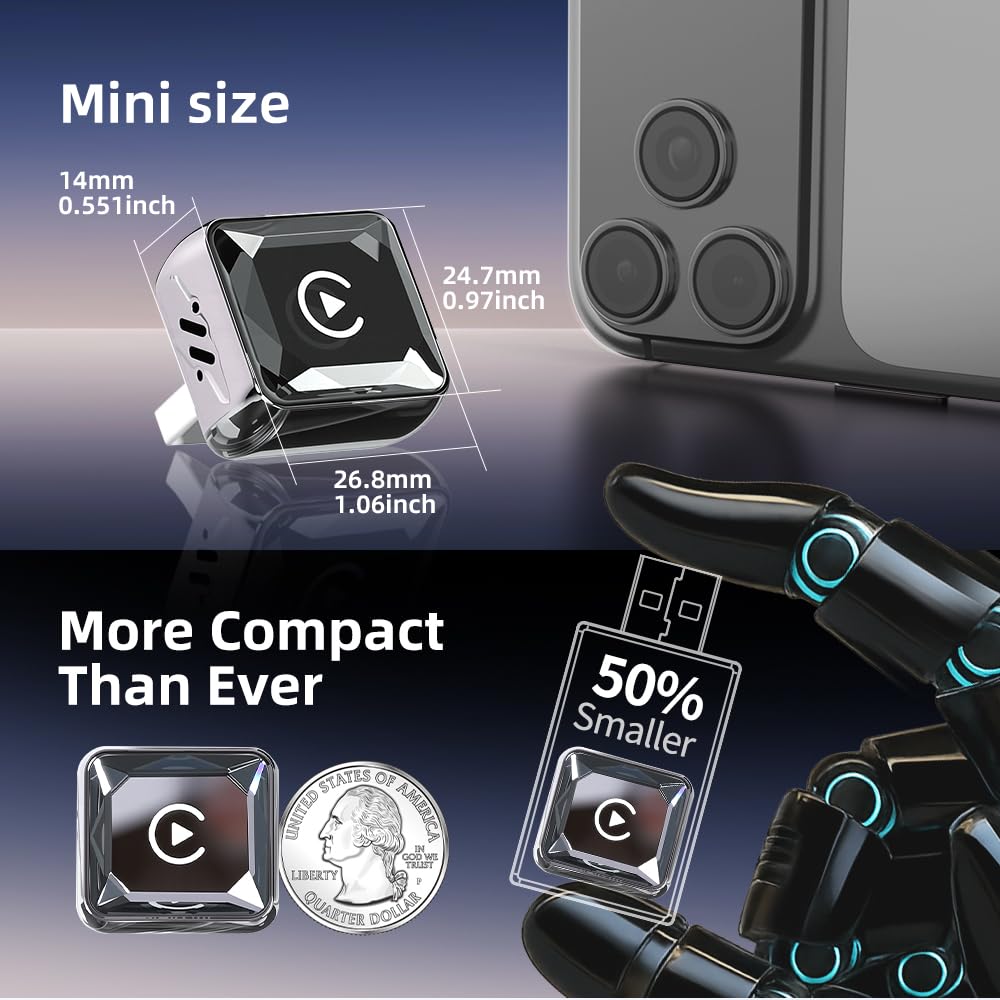 GemCoo Adattatore Carplay Wireless & Android Auto Wireless – 2-in-1, USB-C, BT 5.4, Riconnessione Rapida ~5s, per Auto con Carplay Filiare/AA, per iOS 10+/Android 11+