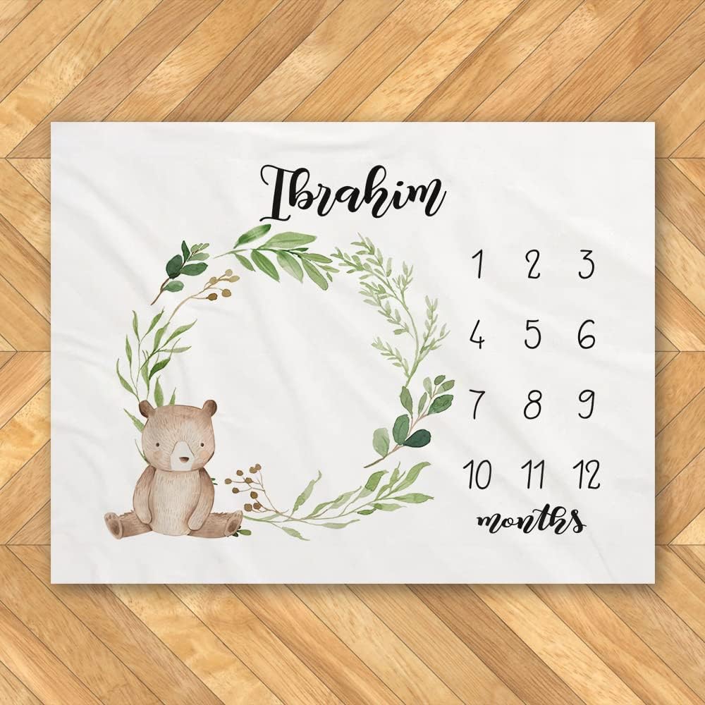 Gearpenguin Personalized Baby Monthly Milestone Blanket, Bear Growth Tracker Fleece Watch Me Grow Boy Safari Shower Newborn Gift, 30x40, 50x60, 60x80