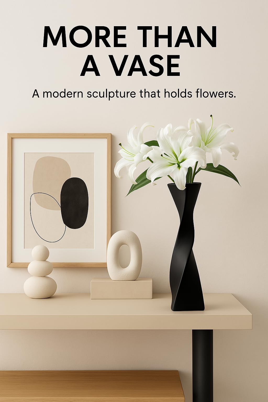 Beau vase spirale torsadée en céramique noire de 40 cm de haut – Fin et élégant – Vase pour eau et fleurs/plantes – Décoration d'intérieur moderne – Base triangulaire – Ornemental – Convient à