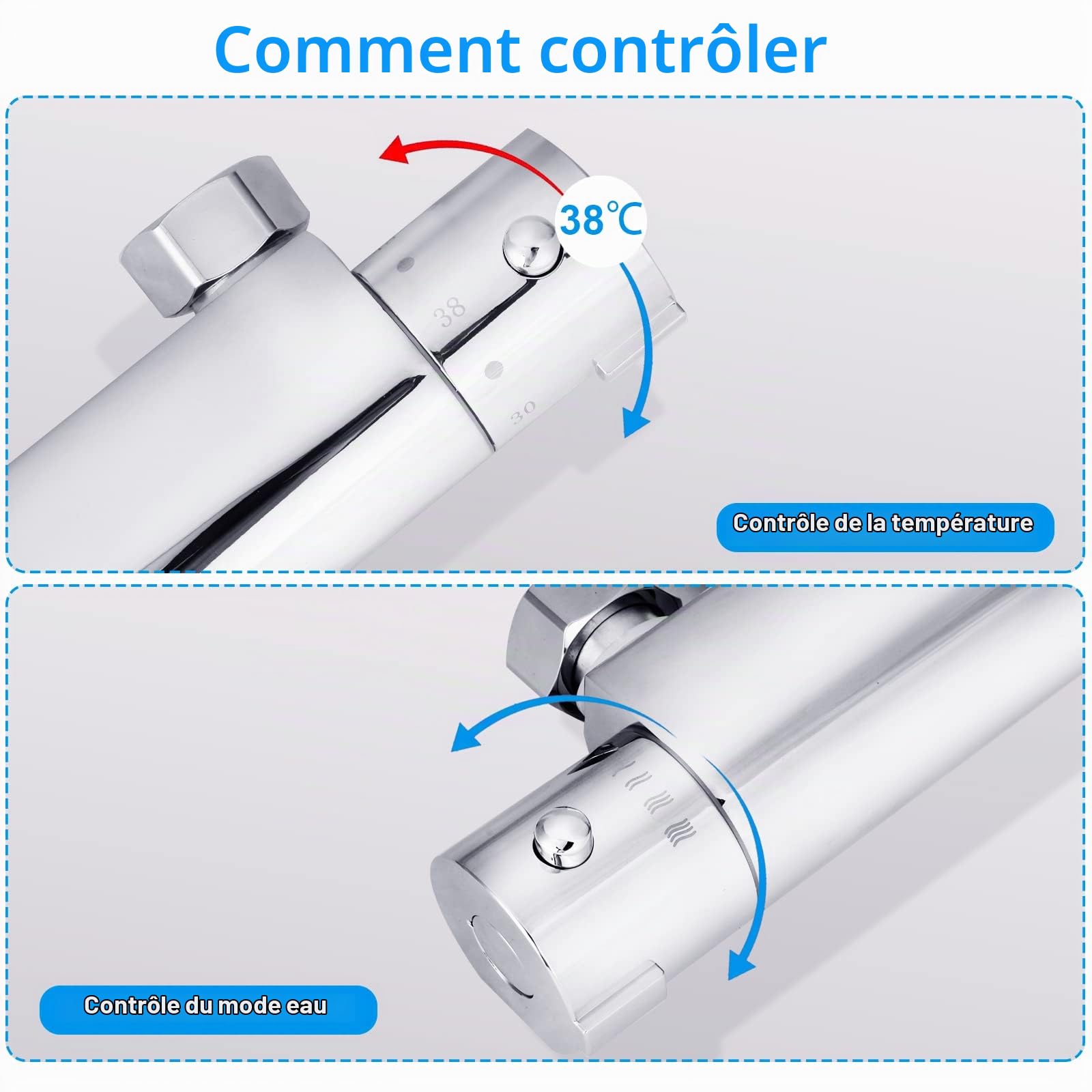 Vinteky 38°C Mitigeur Thermostatique de Douche 1/2 Mural Chromé pour Salle de Bain avec Une Sortie