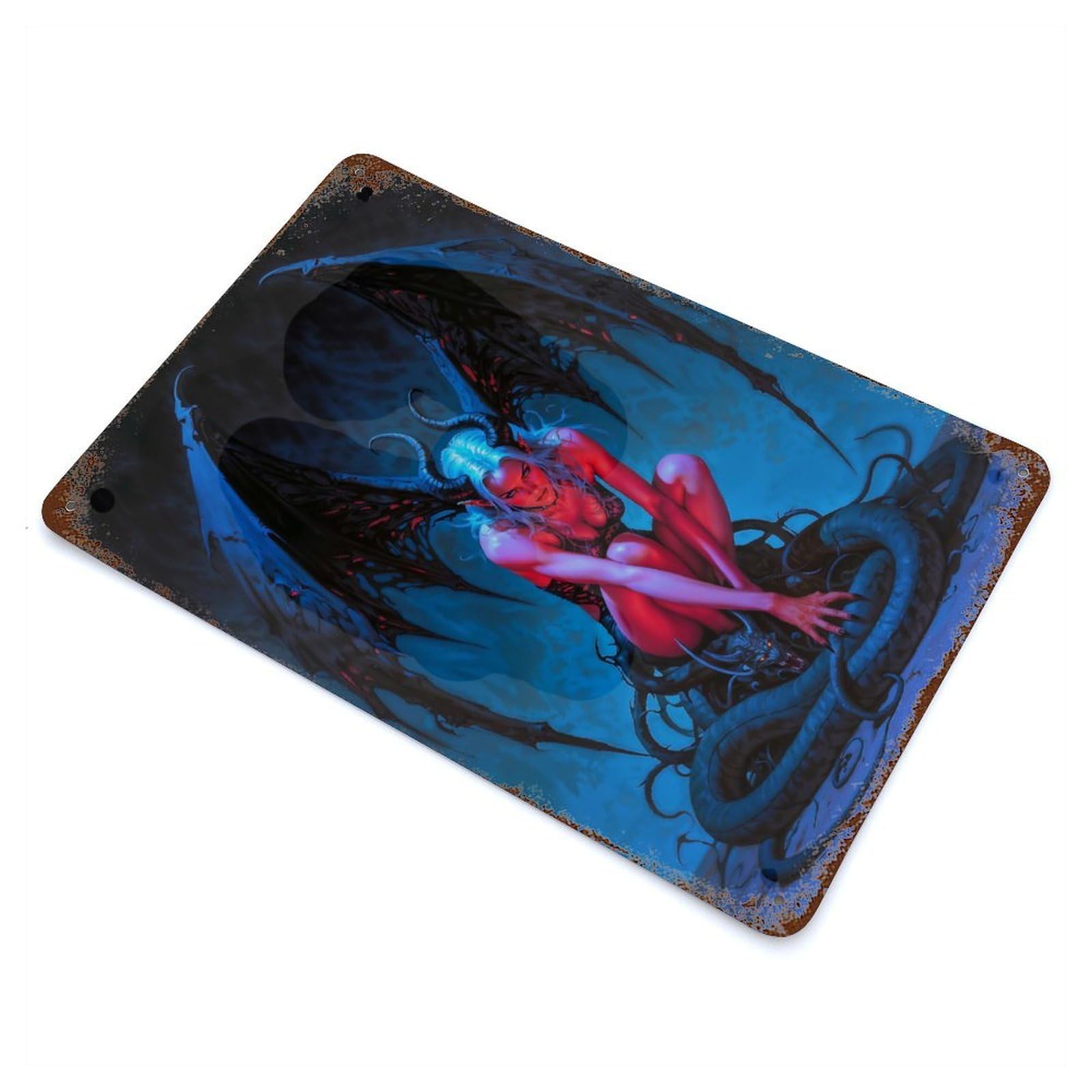 Garage Style Winged Demonic Lilith with Serpent Rustic Tin Plaque 11.8"x7.9", Classic Wall Plaque for Bar And Workshop