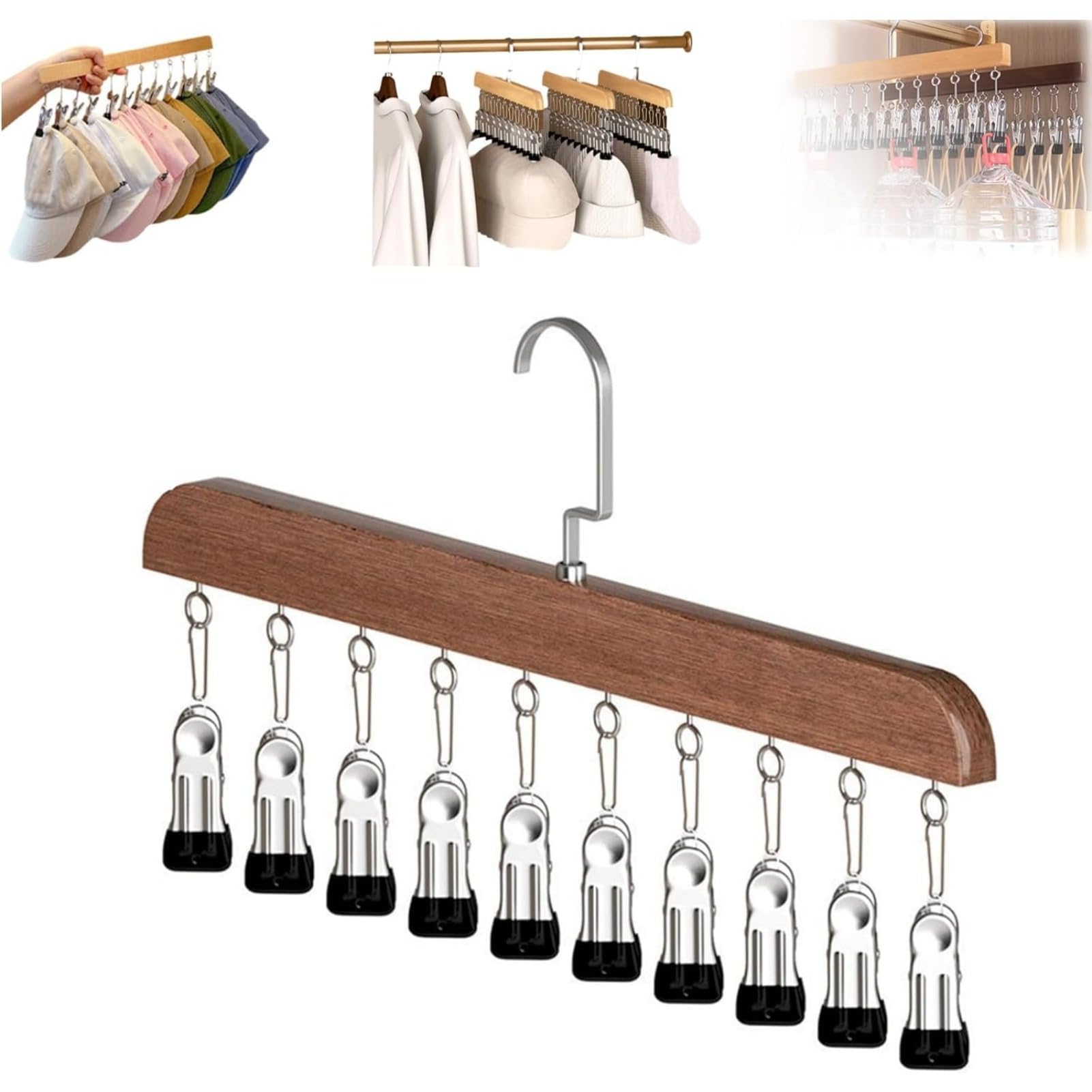 PsaltryCom Wooden Hat Organizer Hanger with 10/12 Clips Space Saving Cap Holder for Baseball Caps Socks Scarves Closet Storage Rack (Retro - 10 clips,1 piece)
