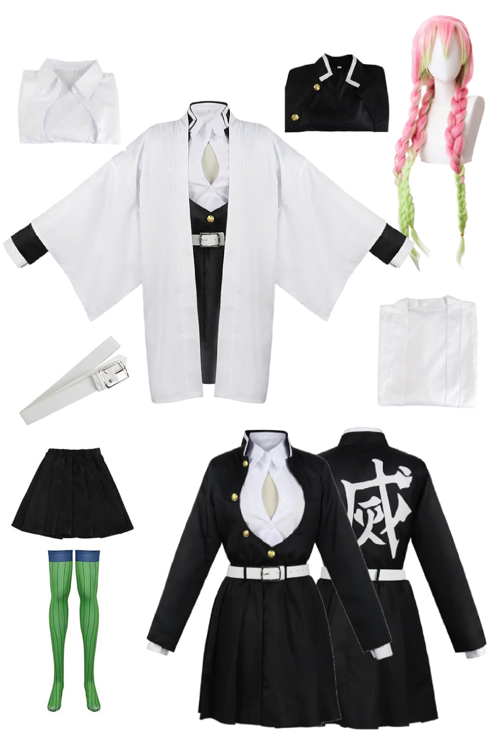 Daiendi Mitsuri Kanroji Costume Cosplay Mitsuri Kimono Wig Set Hashira Costume Halloween Carnival XL