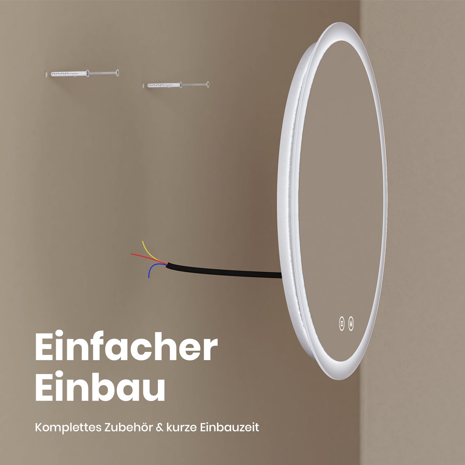 EMKE Badspiegel mit Beleuchtung Rund 50cm, Dimmbar, Beschlagfrei
