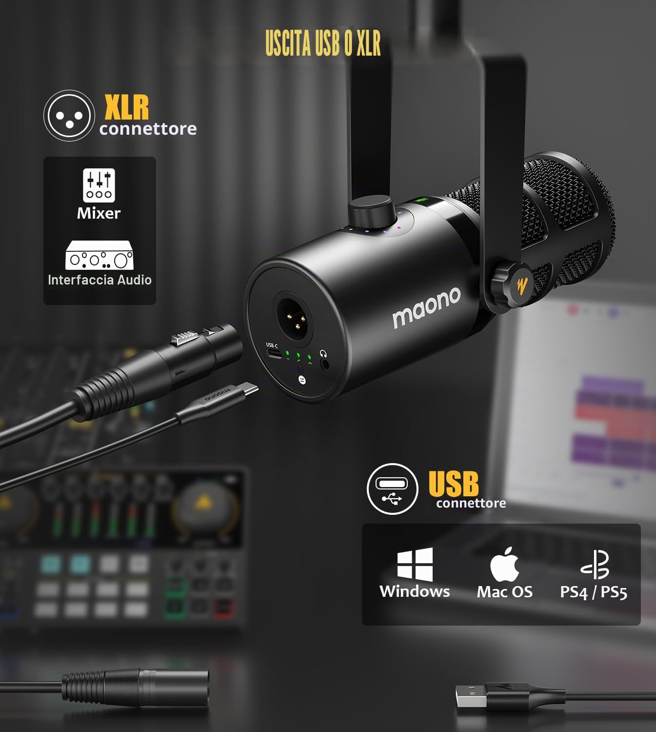 MAONO PD400X - Microfono dinamico USB/XLR per PC con software, EQ, Tap-to-Mute, jack cuffie, manopola guadagno e controllo volume. Ideale per trasmissioni, registrazioni, streaming e gaming.