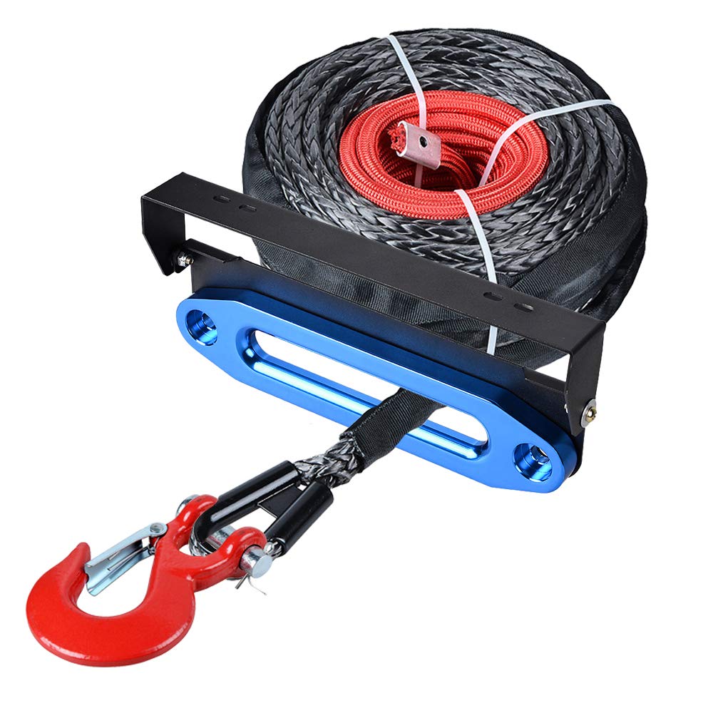 amopacorp 95 feet 3/8 inch Synthetic Winch Rope Recovery 20,500 lbs with Red Hook and 10 inch Anodized Blue Hawse Fairlead 254mm Flip-Up License Plate Holder