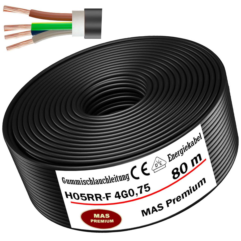 MAS Premium Cable de manguera de goma, 5-100 m, H05RR-F 4G, 0,75 mm², color negro, cable flexible para dispositivos ligeros