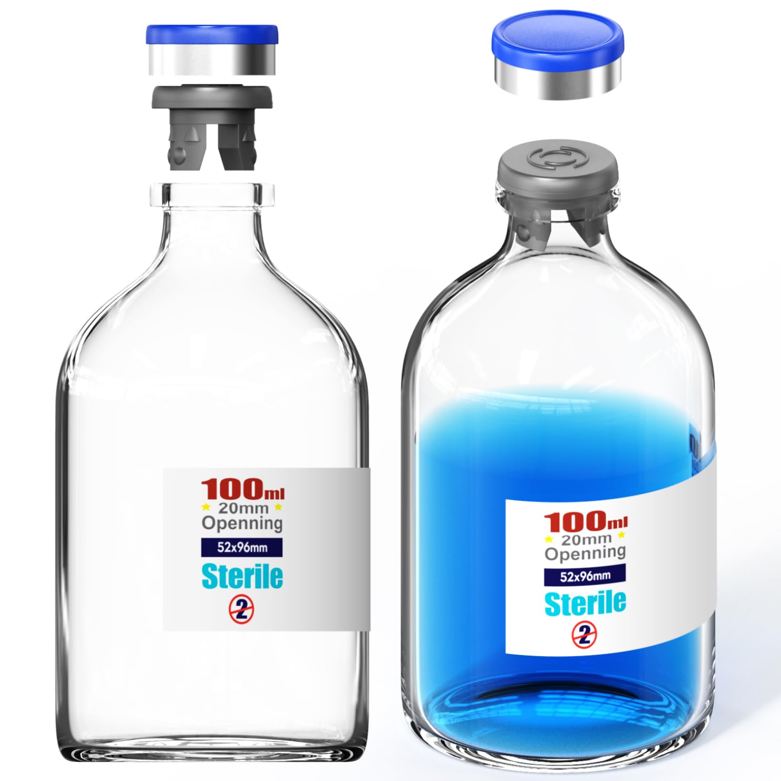 Ks-Tek Sterile Empty Vial with Separately Butyl Rubber Stopper and Flip Top Closure,Removable,After Filling,Need to Seal by CrimperType 1 Borosilicate Glass Tubing (100ml 4pcs)