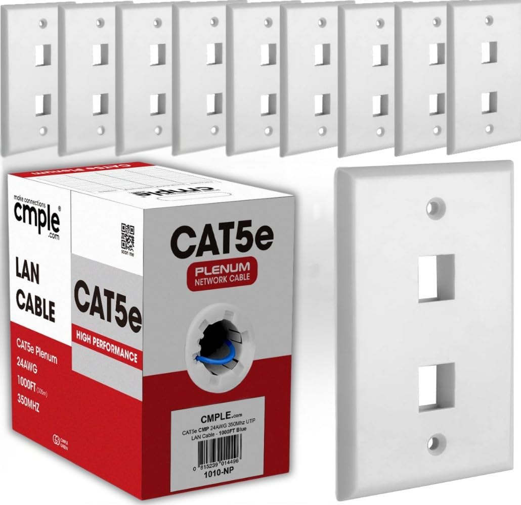 Cmple – Cat 5e Plenum Cable 1000ft Blue 350MHz for High-Speed Networking + 2 Port Keystone Wall Plate 1 Gang Ethernet Wall Plate Compatible with HDMI Keystone - White Bundle