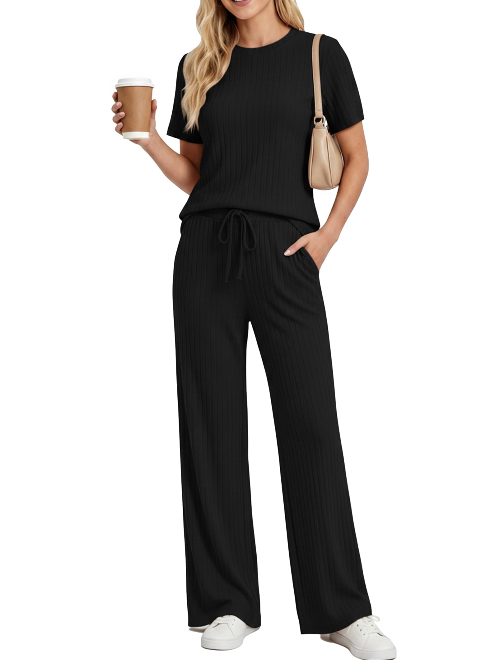 Photo 1 of **Only Pants** PATPAT Lounge Sets for Women 2 Piece Ribbed Knit Loungewear Short Sleeve Pajama Set Matching Pj Set Soft Outfits with Pockets Black, M