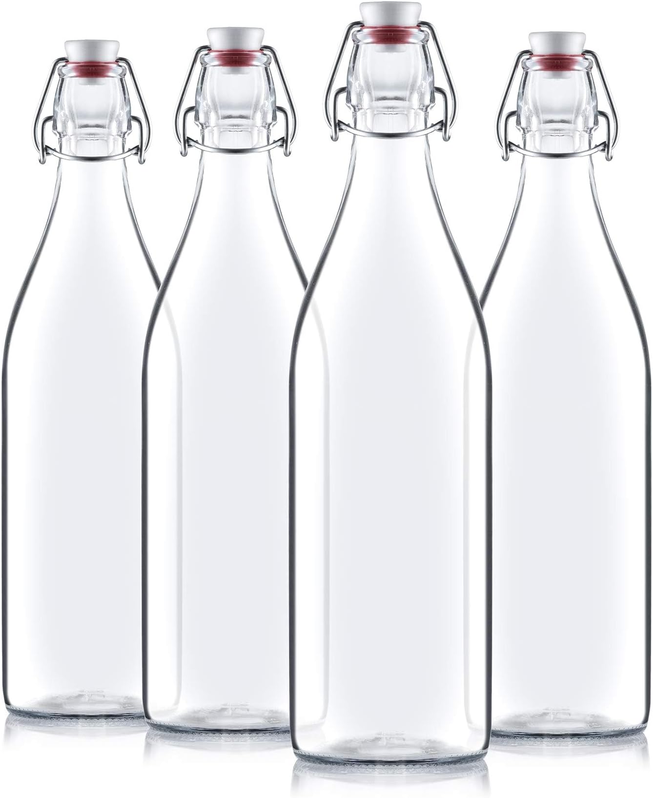 Bormioli Rocco Giara Swing Top Bottles 33 ¾ Ounce/1 Liter (4 Pack) ROUND Clear Glass Grolsch Flip Top Bottle With Stopper, for Beverages, Smoothies, Kefir, Beer, Soda, Juicing, Kombucha, Water, Milk,