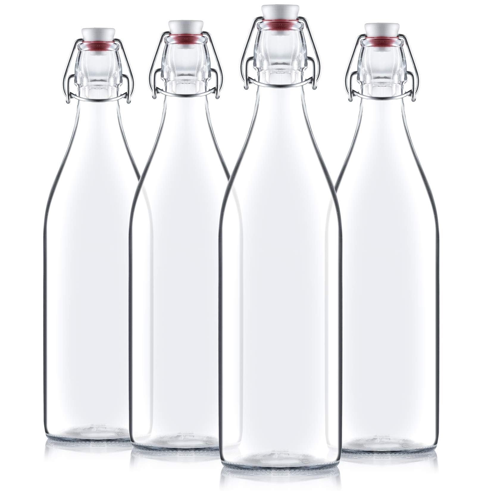 Bormioli Rocco Giara Swing Top Bottles 33 ¾ Ounce/1 Liter (4 Pack) ROUND Clear Glass Grolsch Flip Top Bottle With Stopper, for Beverages, Smoothies, Kefir, Beer, Soda, Juicing, Kombucha, Water, Milk,
