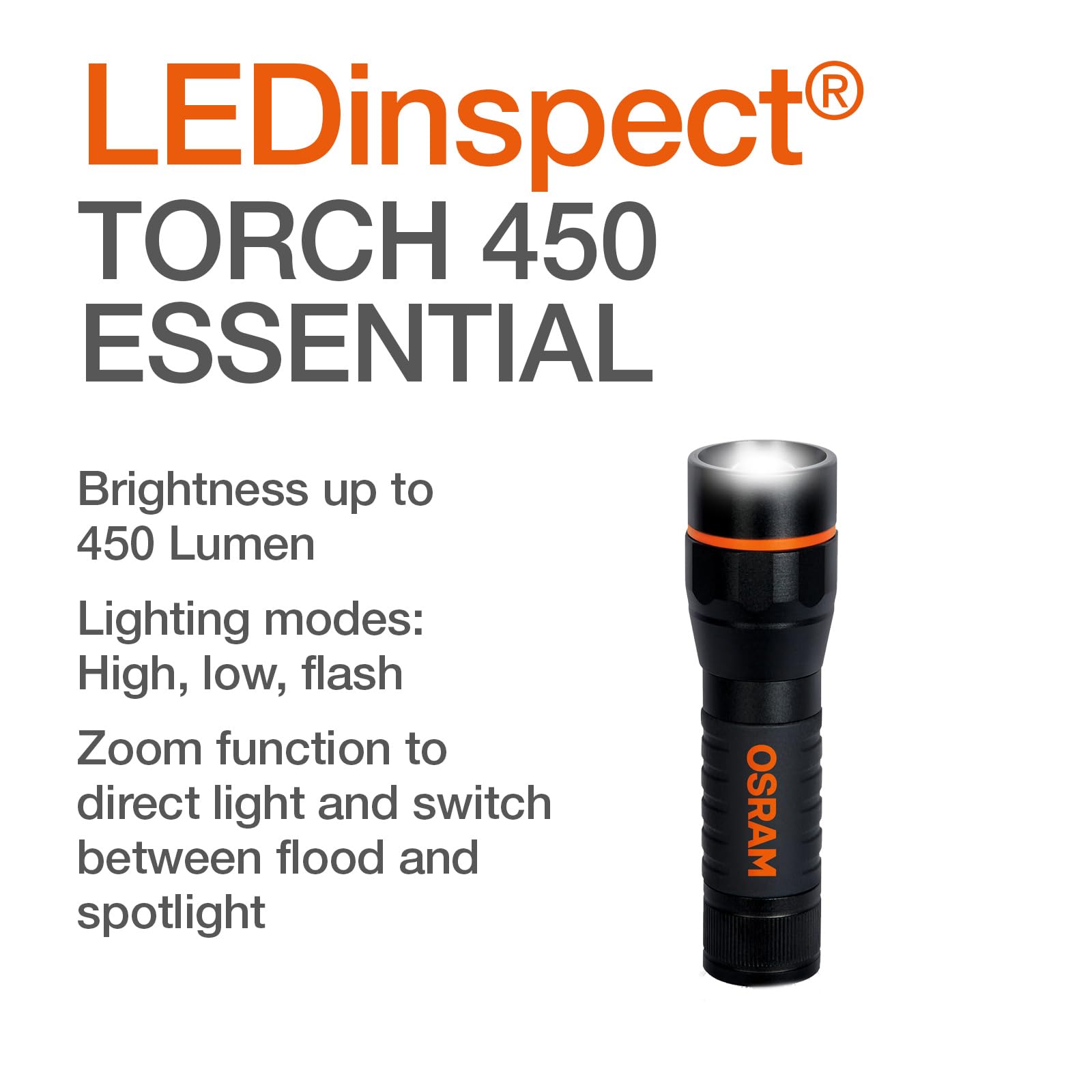 OSRAM LEDinspect Torch 450 Essential, Zoom Function, 450lm Brightness, 6500K, 3 Light Modes, LED Inspection Torch - Image 2