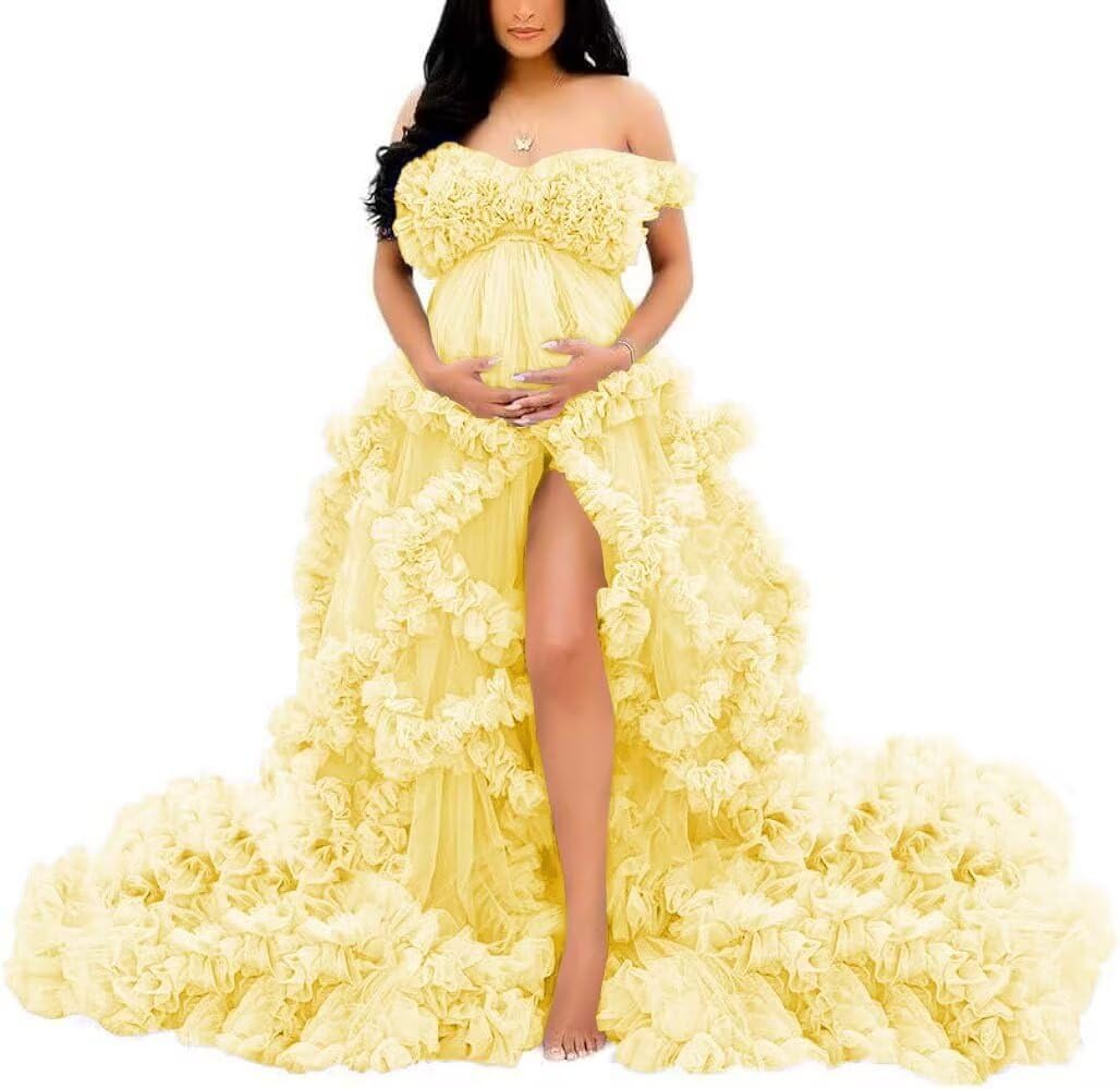 Yiann Women's Yellow Off Shoulder Maternity Dresses Long Robe For Photoshoot Tulle Ruffles Pregnancy Gown For Baby Shower Uk12