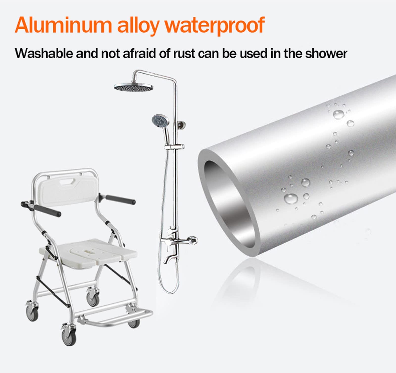 Silla para Ducha Plegable para Personas Mayores con Ruedas, Taburete de Ducha con Reposapiés y Reposabrazos Plegables, Silla de Baño para Mayores y Personas con Movilidad Reducida, Carga Máxima 120