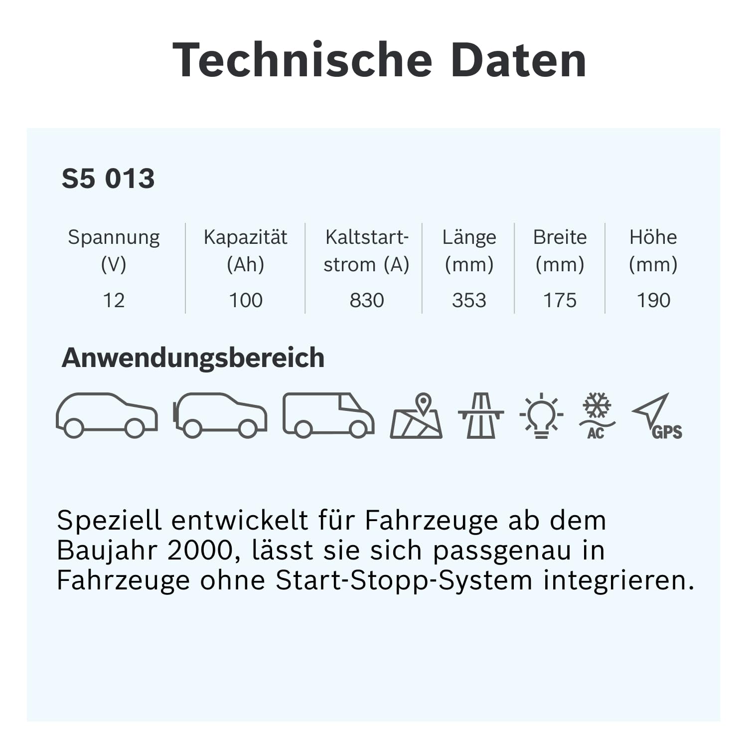Bosch S5 013 Autobatterie 100 Ah - 830 A - 12 V, Blei-Säure-Batterie für Fahrzeuge ohne Start-Stopp-Automatik - Polarität: links - rechts +, 353 x 175 x 190 mm - für Kfz mit hohem Strombedarf