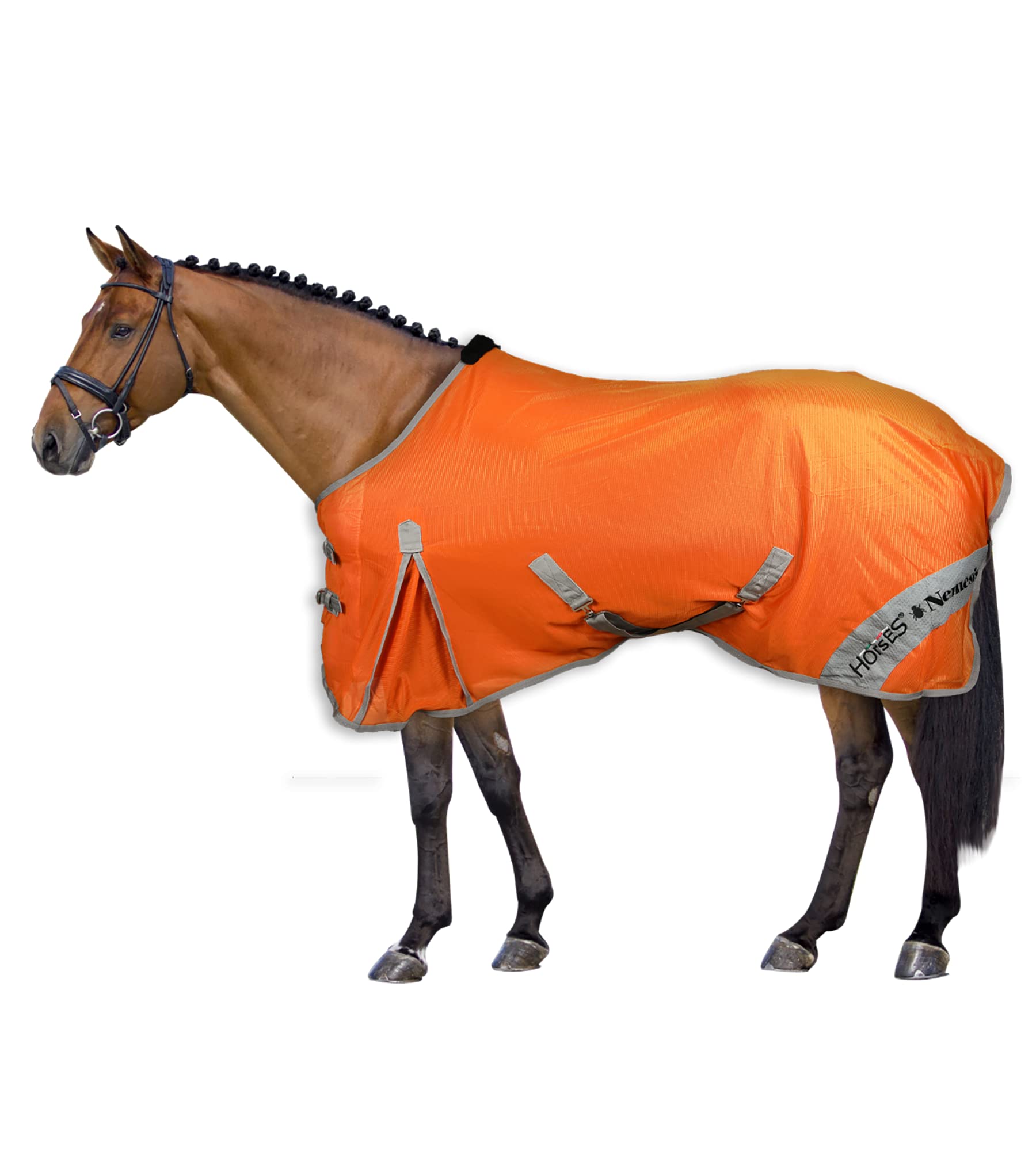 Horses, Manta antimoscas transpirable, modelo Nemesis, esgrima de los rayos solares, red densa de tejido de malla, contra moscas e insectos (135 cm, naranja)
