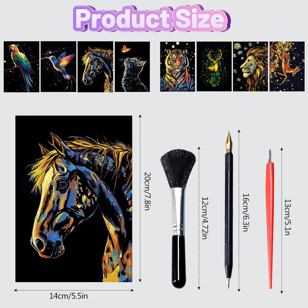SwirlColor Scratch Art for Kids Adults 8Pcs, Glowing Animal Scratch Art Paper Colour Engraving Scraping Painting with 5pcs Tools - Image 4