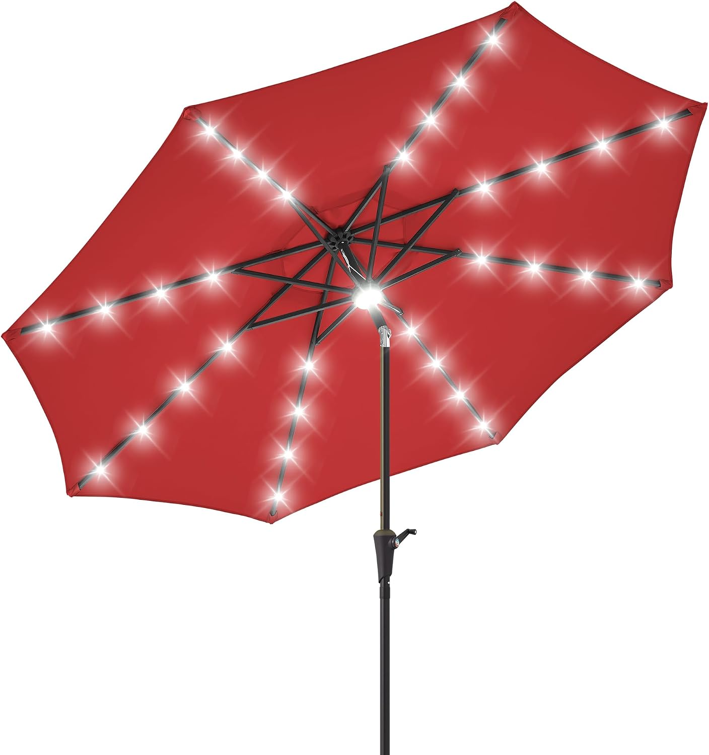 7.5/9 ft Patio Umbrella with Solar Lights, parasol de patio with 32 LED + 1 Center Light, 8 Heavy Duty Ribs–Patio Umbrellas Outdoor- Beach, Pool, Deck, Market & Table, Crank&Tilt