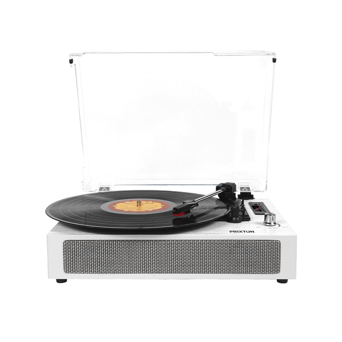 PRIXTON Studio Deluxe - Tocadiscos de Vinilo Vintage Reproductor de Vinilo y Reproductor Bluetooth USB Tarjeta SD y Radio, 2 Altavoces, Tapa Antipolvo, Blanco (Reacondicionado)