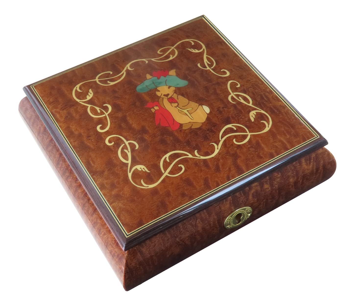 Joyero musical / caja de música para joyas de madera con marquetería conejo de Beatrix Potter y mecanismo musical de resorte de 18 notas - Clair de lune - Claro de luna (Claude Debussy).