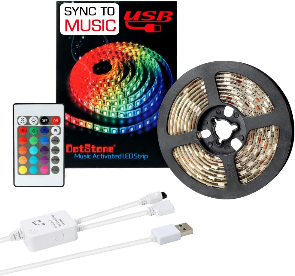 LED Strip Lights Sync Music 6.6FT/2M 5V USB Powered Light Strip 5050 RGB Light Color Changing with Music IP65 Waterproof LED String Lights Kit with IR Controller by DotStone