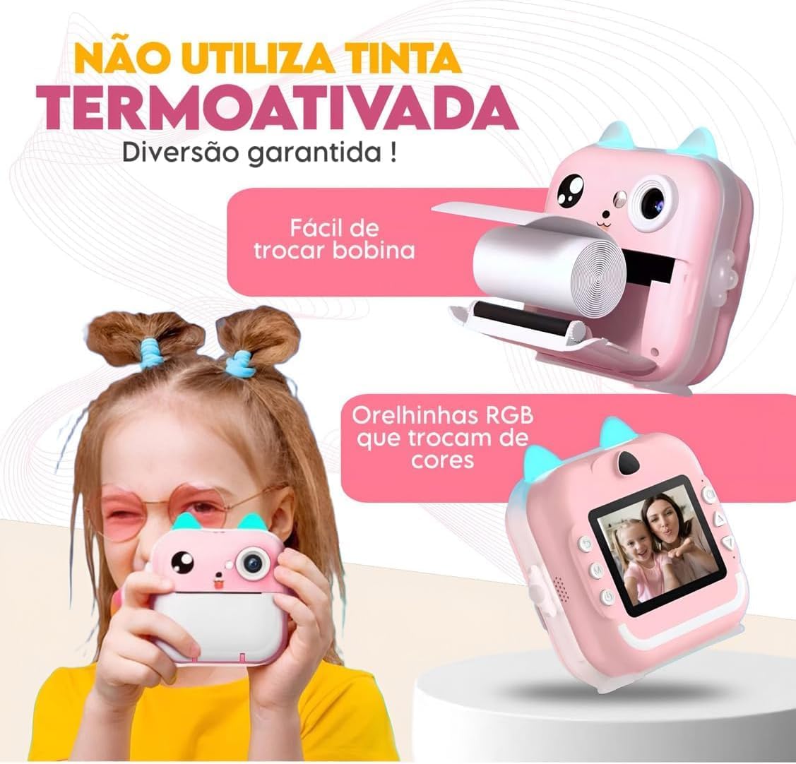 Câmera Digital Infantil Portátil 20MP, com Impressão Instantânea, Tela LCD 2,4, Jogos Educativos e Molduras Divertidas – PREMIUM (AZUL)